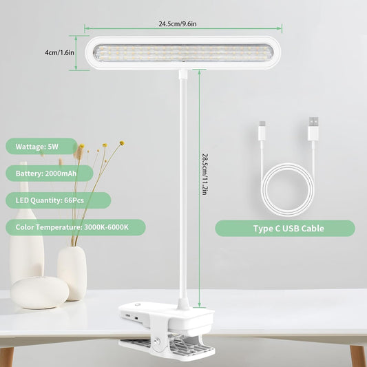 deaunbr Clip on Light, Reading Lights for Books in Bed, Eye Caring 66 LEDs Book Lights, 4 Brightness & Multiple Color Temperatures LED Desk Lamp Rechargeable Night Lamps for Home, Office and Dorm