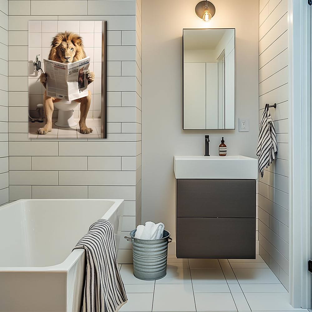 Funny Lion Wall Art Lion Sitting on Toilet Reading Newspaper Canvas Prints Bathroom Animal Picture Paintings Humor Animal Wall Art for Washroom Decor Framed(Animal-3,12.00" x 18.00")