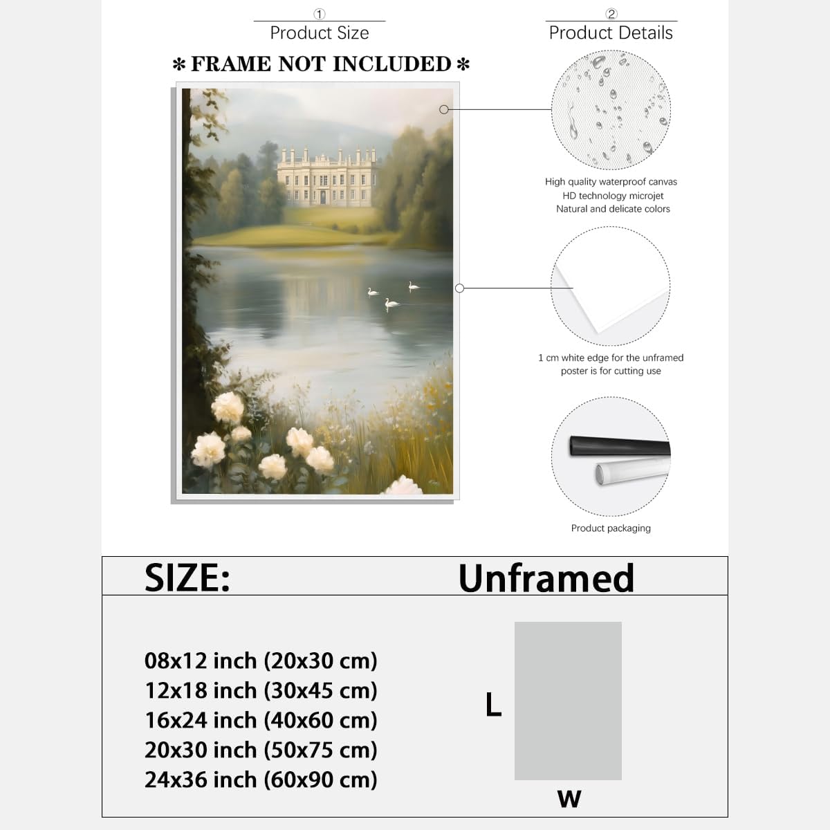 Pemberley Estate Painting English Country Wall Decor Jane Austen Inspired Wall Art Pride and Prejudice Print White Roses Swans Lake Poster Picture Decor for Library Study Home 12x18inch Unframed