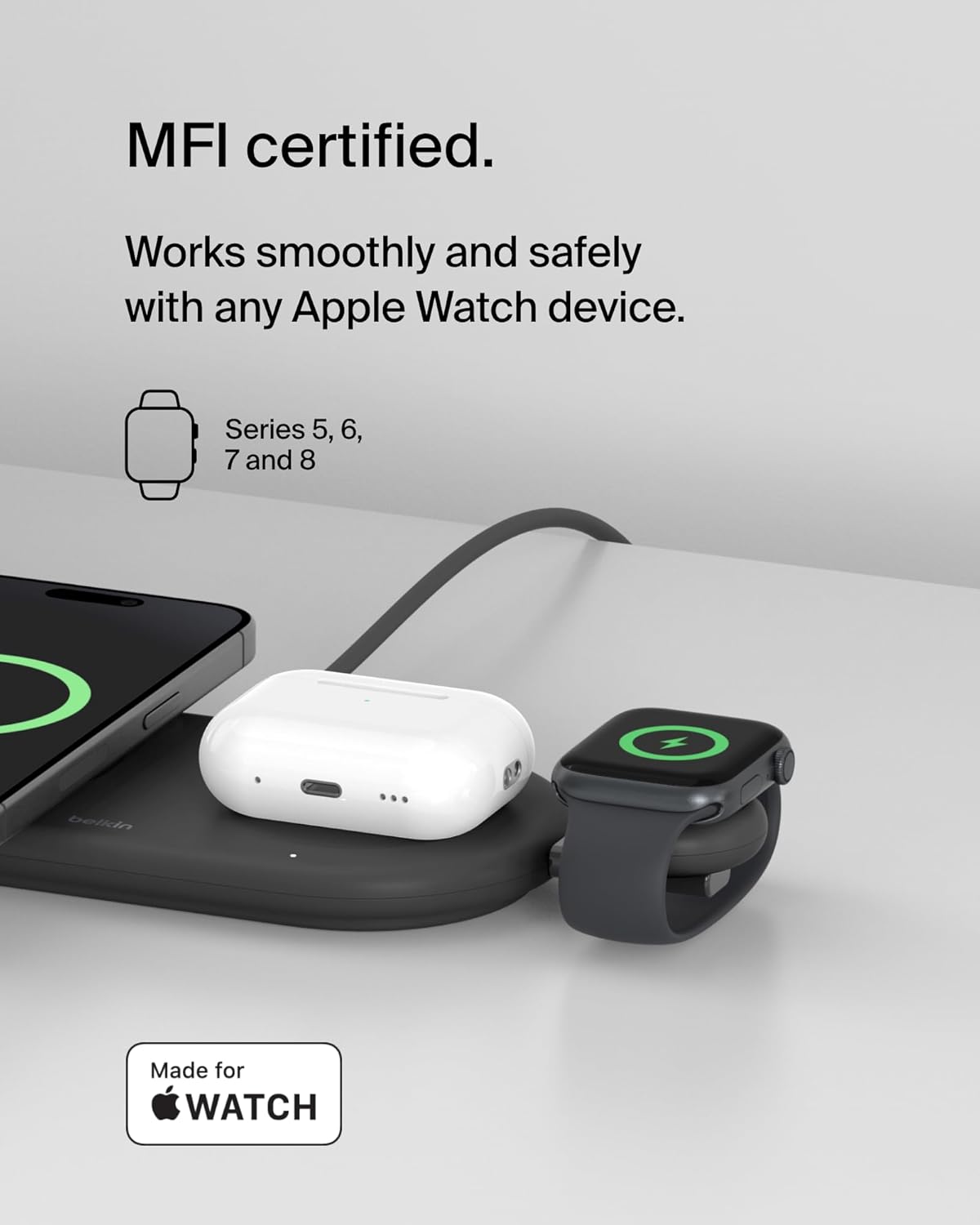 Belkin Portable USB-C Apple Watch Charger - MFi-Certified USB-C Charger for Apple Watch Series 9, 8, 7, Ultra - Compatible with MacBook, iPhone 16 & More - Black