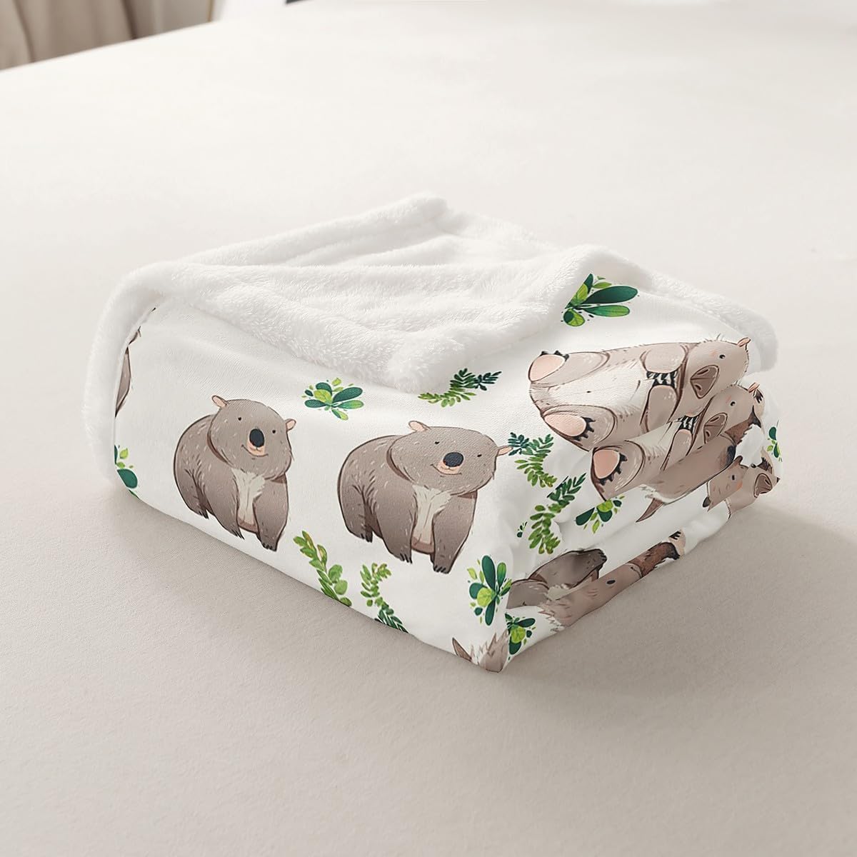 Cartoon Wombats Throw Blanket Throw 50x60 Watercolor Botanical Green Leaves Jungle Style Bed Blanket for Kids Boys Girls Teens Gray Cute Wild Animals Fleece Blanket for Living Room