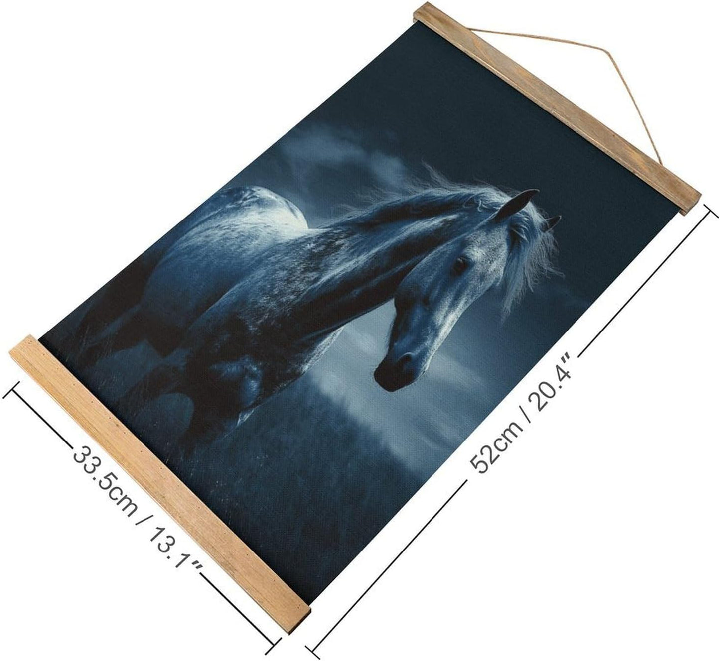 Vintage Blue Horse Poster with Wooden Frame Personalized Linen Hanging Scroll Painting Rustic Wall Hanging Illustrative Modern Artwork Decor for Home Living Room Bedroom Office