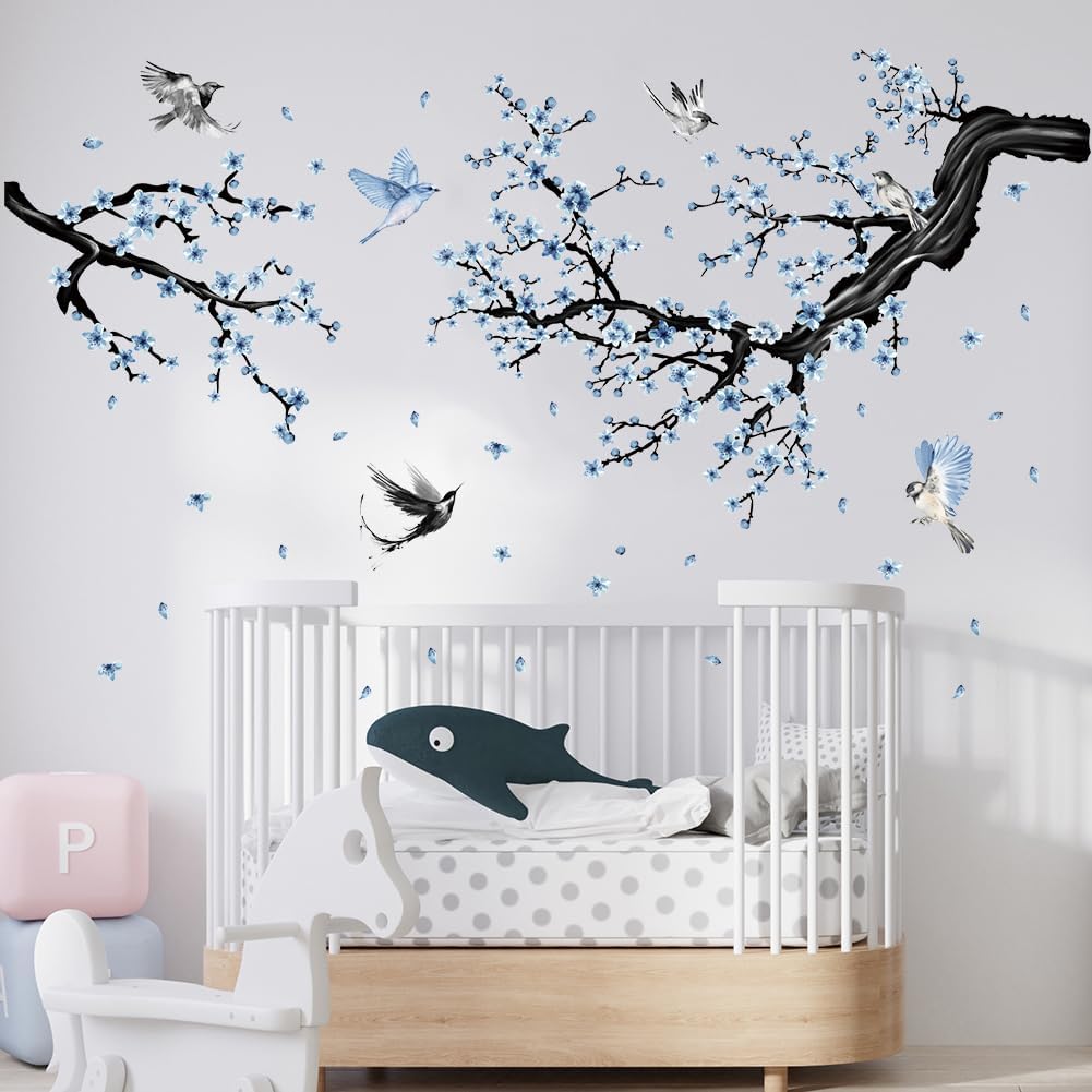 Blue Floral Wall Sticker Hanging Flower Vine Room Decor Large Tree Branch Wall Decals Peel and Stick Birds Wall Stickers for Bedroom Living Room