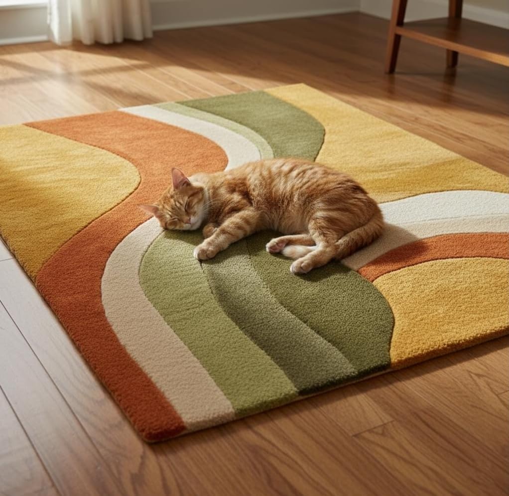 Retro Wave Area Rug, Multicolor Abstract Curved Stripes, Mustard Yellow Rust Orange Olive Green Cream, Modern Bohemian Style (12 * 18 feet)