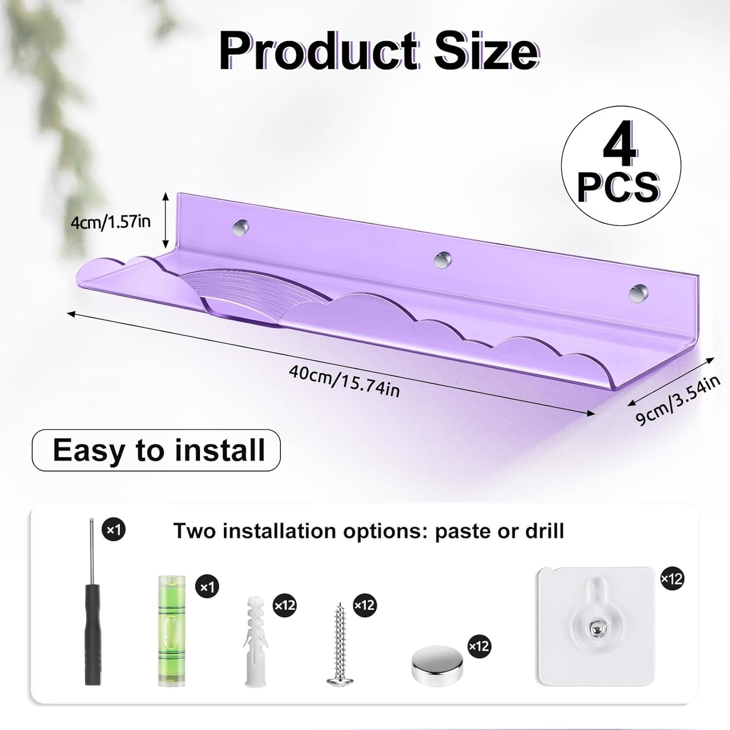 Rainbow Acrylic Floating Shelves, 15in Kids Wall Mounted Nursery Bookshelves, Display Ledge for Books Toys Cosmetic Storage, Bathroom Bedroom Living Room Wall Organizer, 4 Pack, Purple
