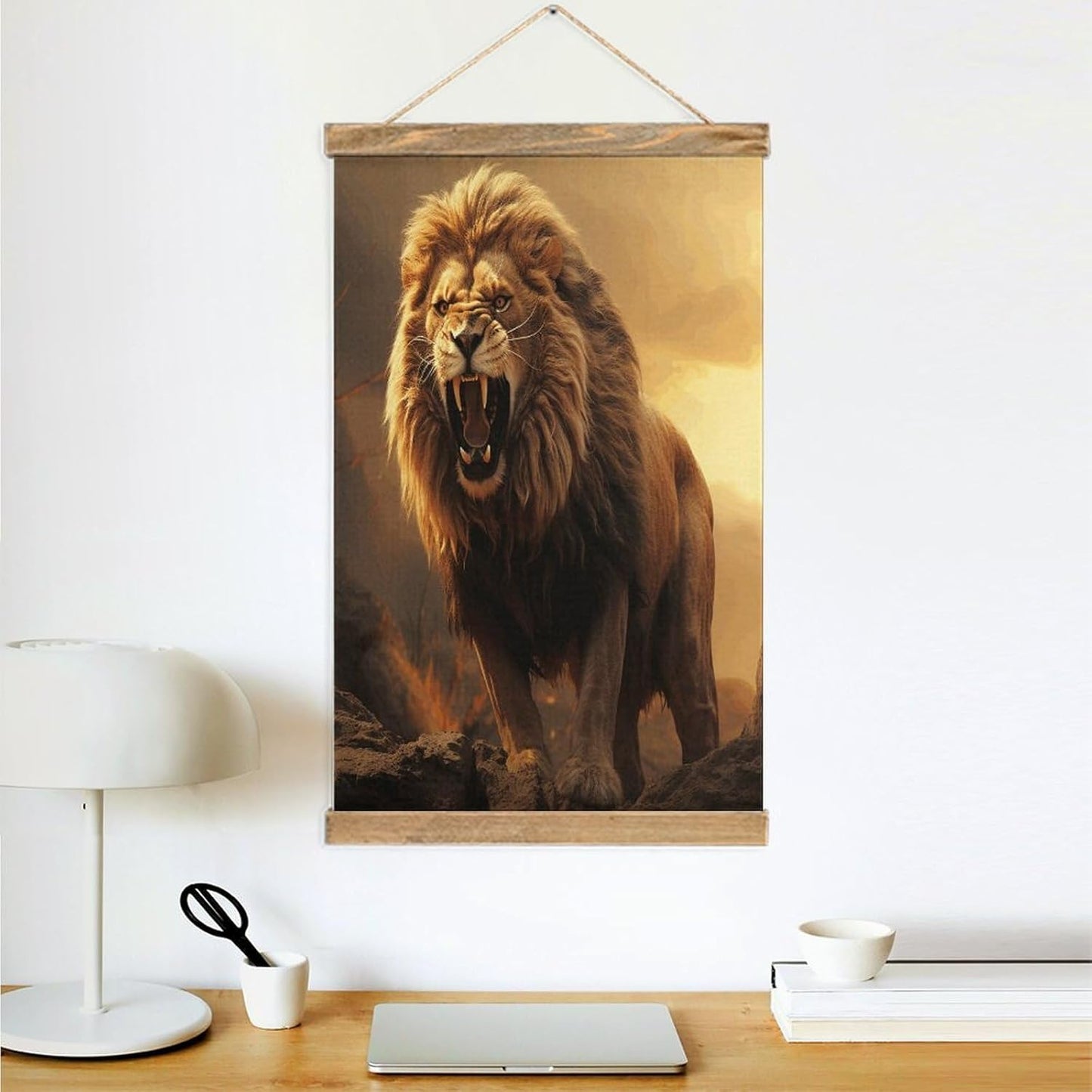 Vintage Angry Roaring Lion Poster with Wooden Frame Personalized Linen Hanging Scroll Painting Rustic Wall Hanging Illustrative Modern Artwork Decor for Home Living Room Bedroom Office