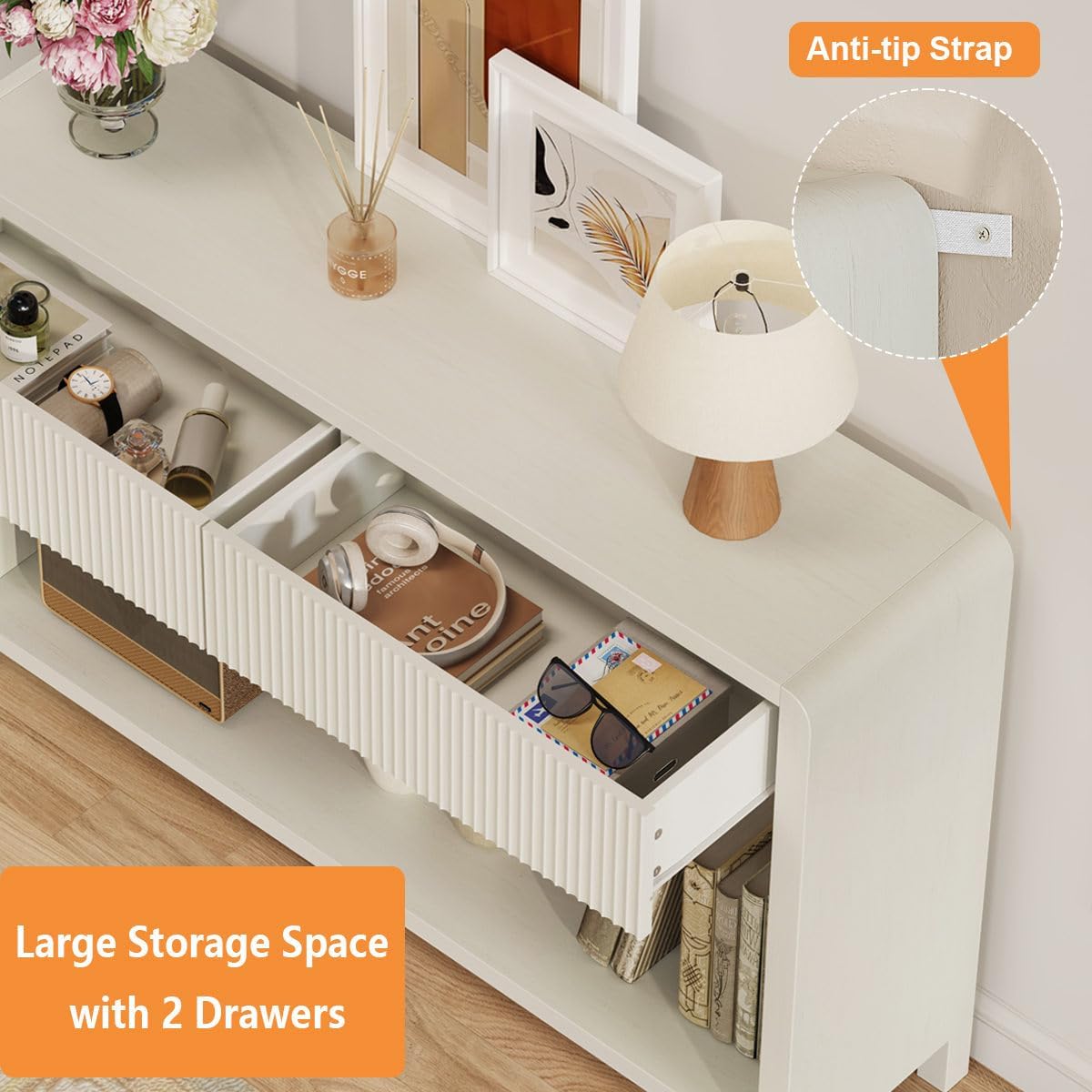 FATORRI Entryway Console Table with 2 Drawers, Modern Sofa Table for Living Room, Couch Tables Behind Sofa and Hallway Tables with Storage (47.2 inch, Antique White)