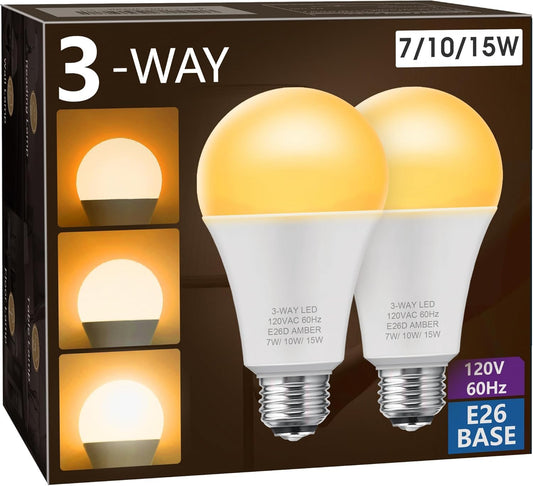 Briignite Amber Light Bulbs, 2 Pack, 3 Way LED Light Bulbs 50 100 150W Equivalent, 1800K Amber Warm Bulbs, Perfect for Reading, Three Way A19 E26 Medium Base