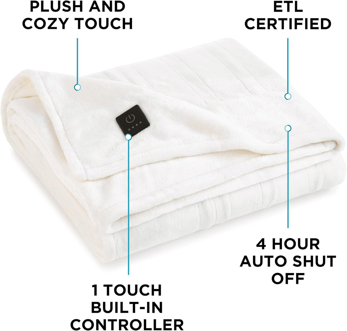 Brookstone Electric Heated Plush Throw - Heated Blankets - 4 Heat Settings, 4-Hour Auto Shut Off, 100% Polyester, 50"x60" - Ivory