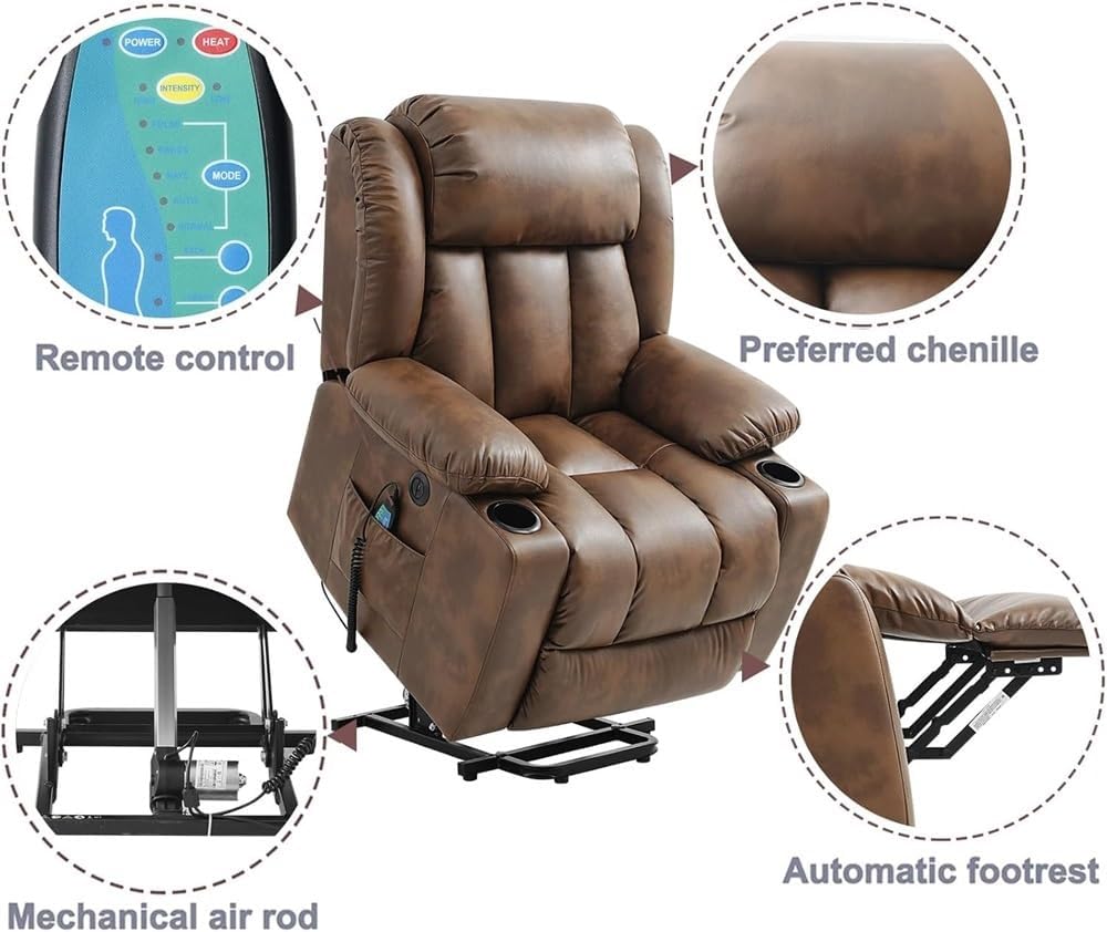 Power Lift Recliner Chair for Seniors, Leather Electric Chair with Armrests, Comfortable Lift Reclining Sofa Chair for Living Room, Home Theater Seating Recliner Chair