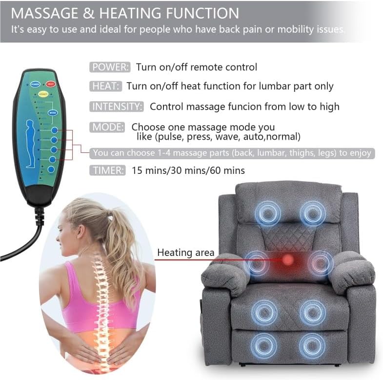 Big Man Power Lay Flat Lift Chair Heat Vibration Electric Extra Wide Oversized Dual Motor Recliner Chairs with Flip Arm for Living Room Bedroom Furniture