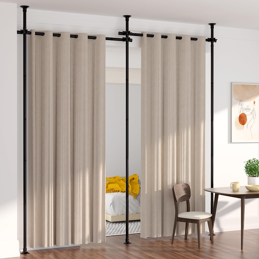 KELIXU Room Divider Curtain Rod, No Drilling Tension Rods for Room Separation, 28-144 inch W x 4-10 ft H Floor to Ceiling Wall Dividers Heavy Duty Vertical Tension Stand, Easy to Install, Black