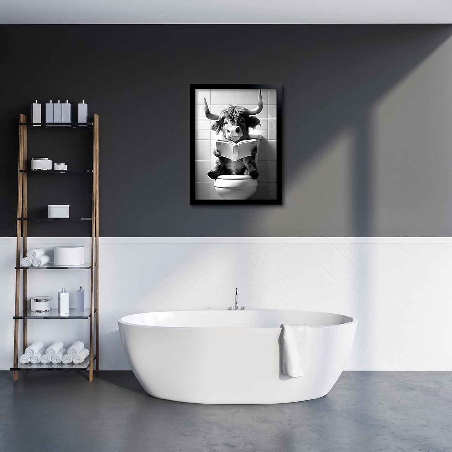 OIQArtOIQ Funny Bathroom Framed Wall Art Black and White Animal Canvas Wall Art Prints Highland Cow Reading Pictures Wall Decor Modern Minimalist Humorous Artwork For Restroom