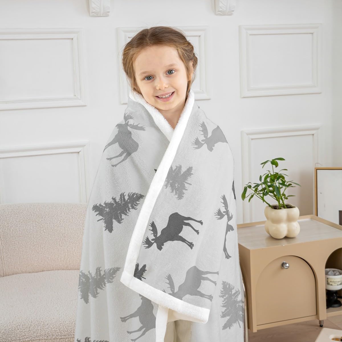 Erosebridal Woodland Sherpa Blanket Throw 50x60 Inch Elk Fleece Blanket for Kids Boys Men Wildlife Rustic Deer Farmhouse Natural White Grey Luxury Soft Fuzzy Plush Throw