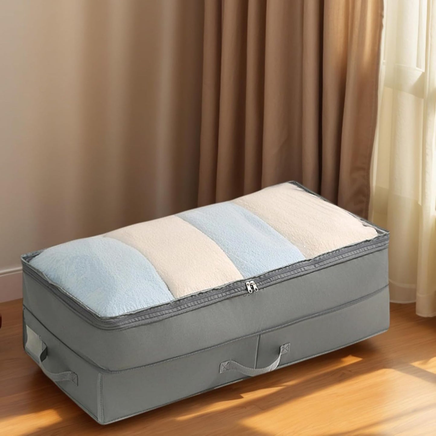 Under Bed Storage Containers | Large Capacity Foldable Self-Compressing Bins | Under The Bed Storage | for Quilts Blankets Seasonal Clothing Bedding Closet Garage Basement Attic Bedroom Home