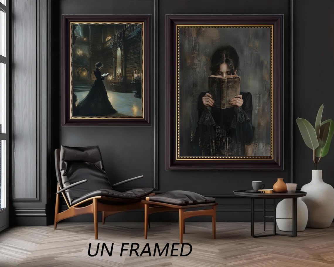 3Pcs Gothic Wall Art Halloween Wall Decor,Dark Academia Library Paintings ,Victorian Woman Reading Vintage Bookish Literary,Raven Couple in Dark Forest for Bathroom Living Room Decor Unframed 16"x24"
