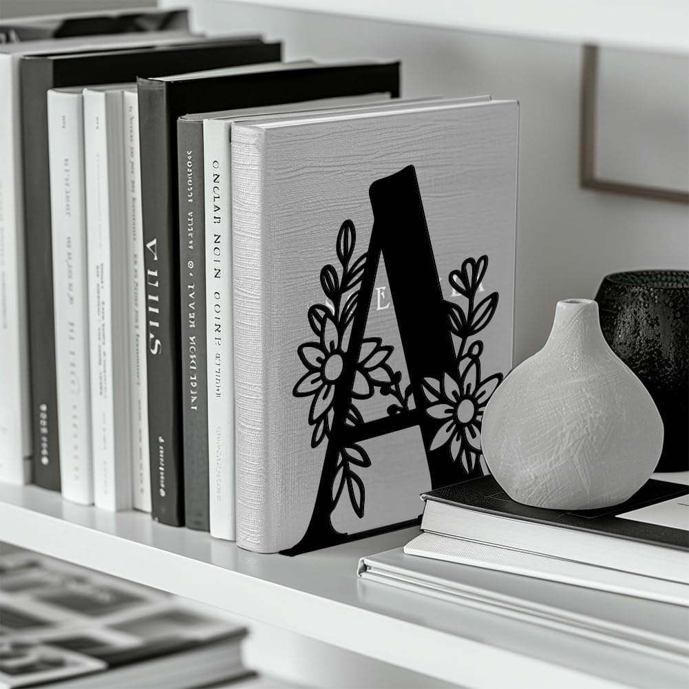 Peacoblue Metal Bookends for Shelves, Modern Decorative Heavy Duty Study Book Ends Stoppers for Office, Desk, Shelf, Room 5.3"x4.3"x7.1" Cast Iron Simple Tall Bookends 1 Pair (Letter A with Flower)