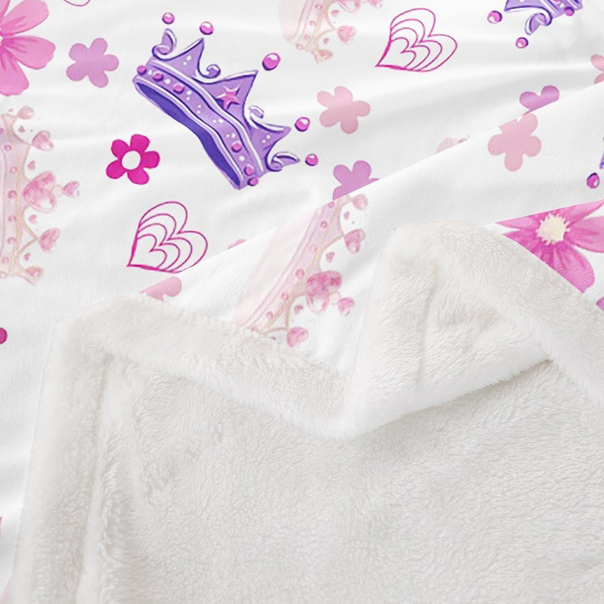 Manfei Princess Throw Blanket Pink Purple Crown Print Fleece Blanket, Cute Flower Girly Cartoon Throws for Bed Couch Sofa, Kids Girls Room Decor, Soft and Breathable(50 x 60 Inches)