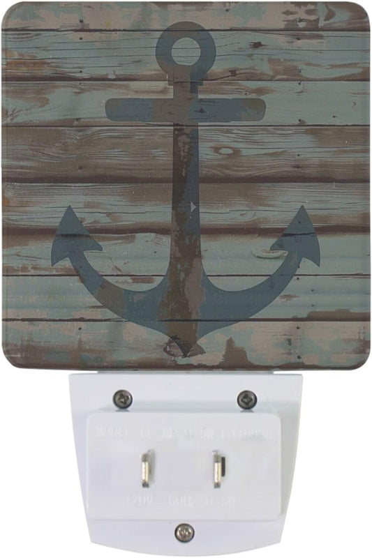 Vintage Anchor Wooden Night Light Plug in Set of 2 Retro Nightlights LED Auto Dusk-to-Dawn Sensor Lamp for Bedroom Bathroom Reading Kitchen Hallway Stairs Decorative
