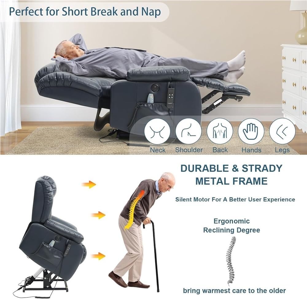 Adjustable Large Power Lift Recliner Chair with Heat and Massage, Lay Flat Electric Recliner Chair for Elderly, Infinite Position Lift Chair with USB Ports and Remote
