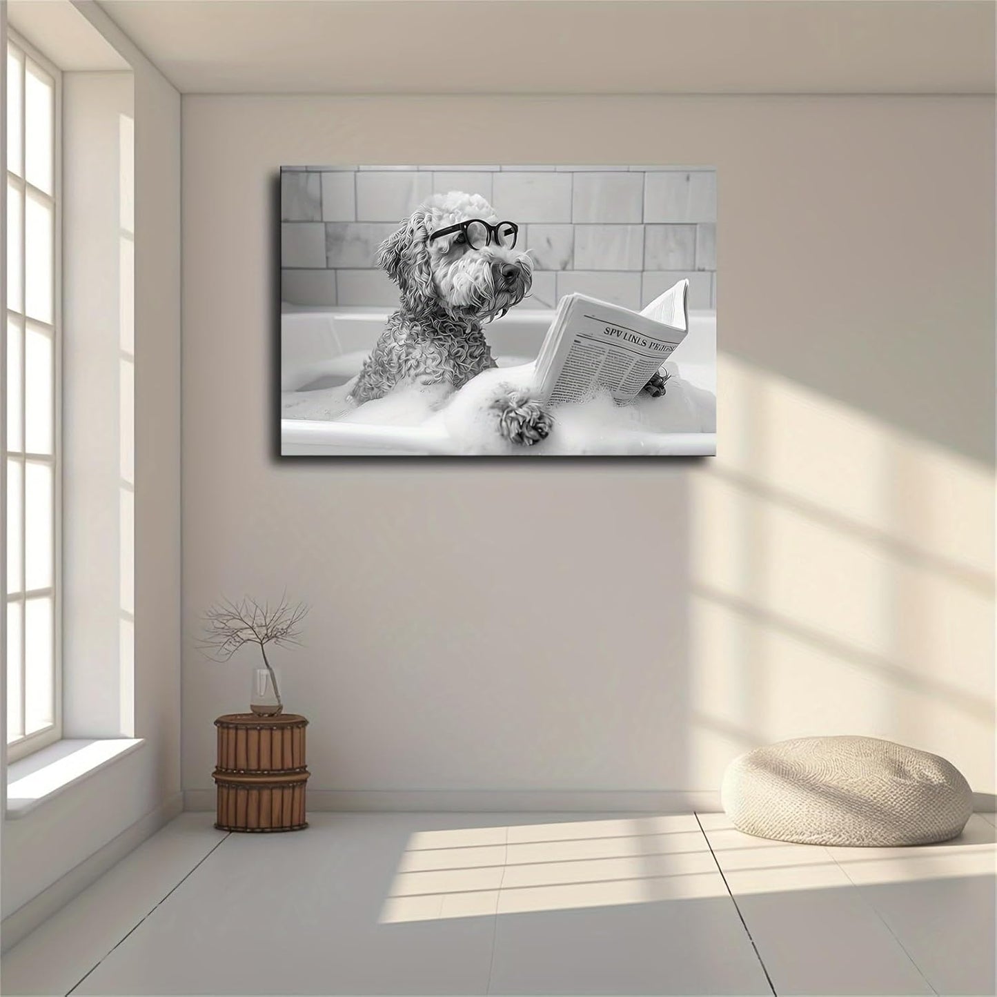 Goldendoodle in Bathtub Wall Art, Dog Reading Newspaper in Bubble Bath Poster, Black and White Print, Funny Wall Art, Bathroom Wall Decor (08x12inch Frame)