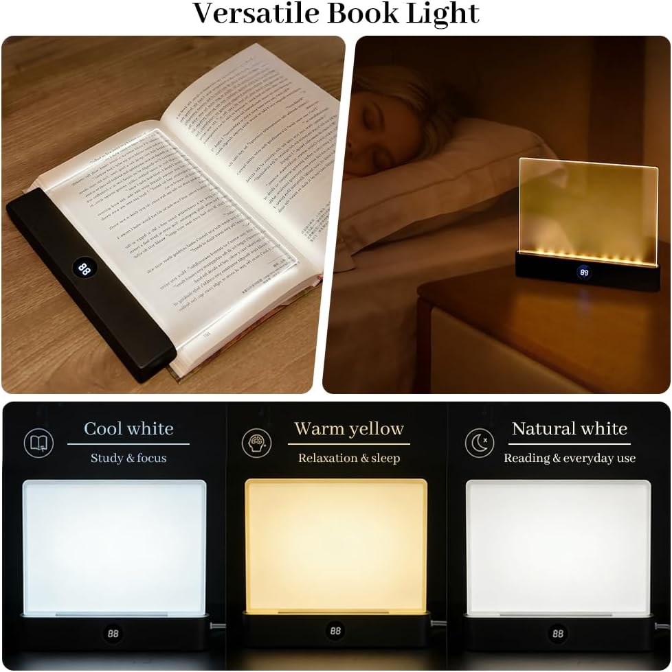 LED Book Light for Reading in Bed, Rechargeable Reading Light with 3 Colors & Stepless Dimming, Night Light with Timer for Adults, USB Eye-Friendly Lamp (Blcak)