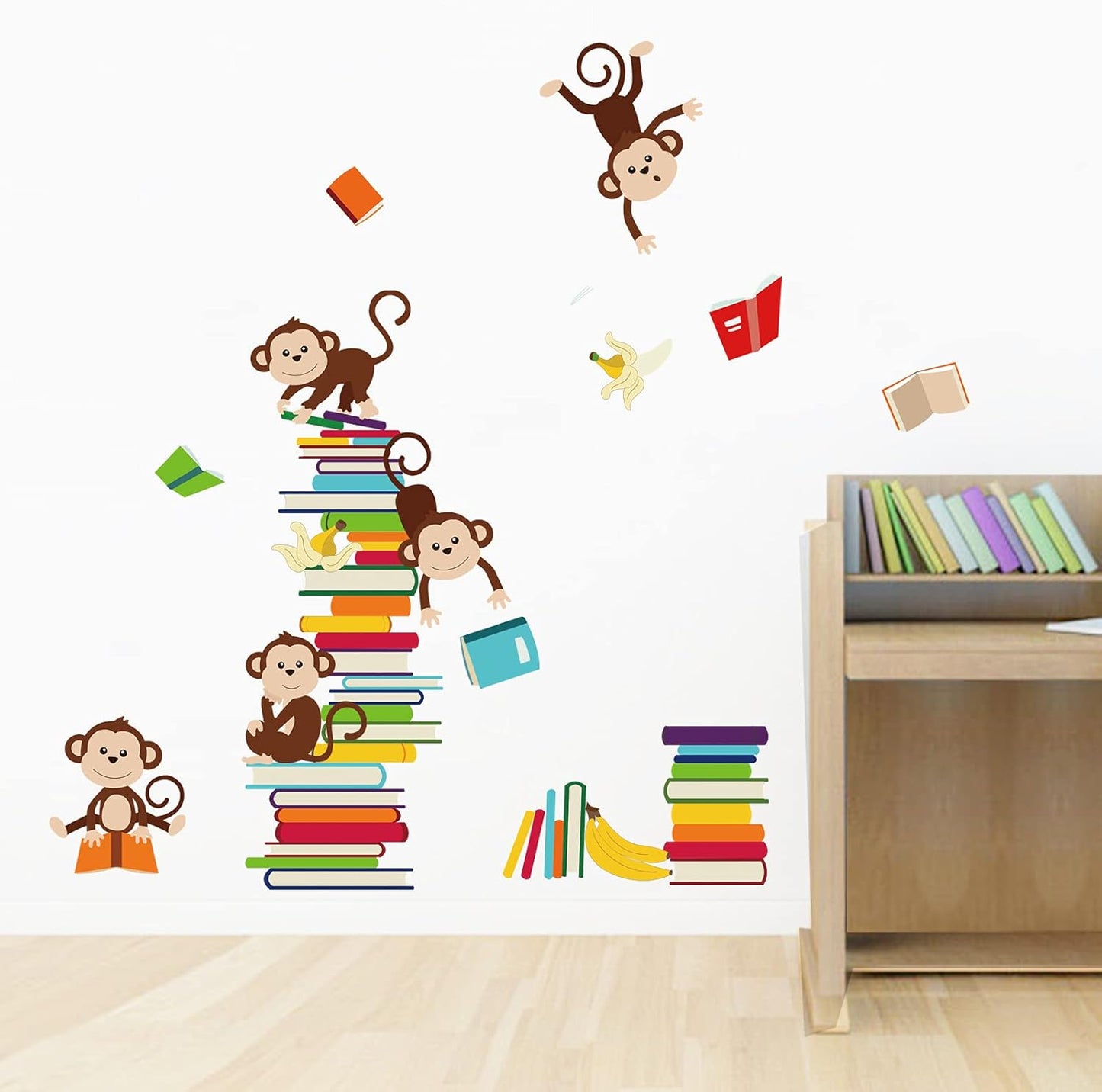 decalmile Monkey Wall Decals Animals Reading Books Wall Stickers Baby Nursery Kids Bedroom Classroom Wall Decor