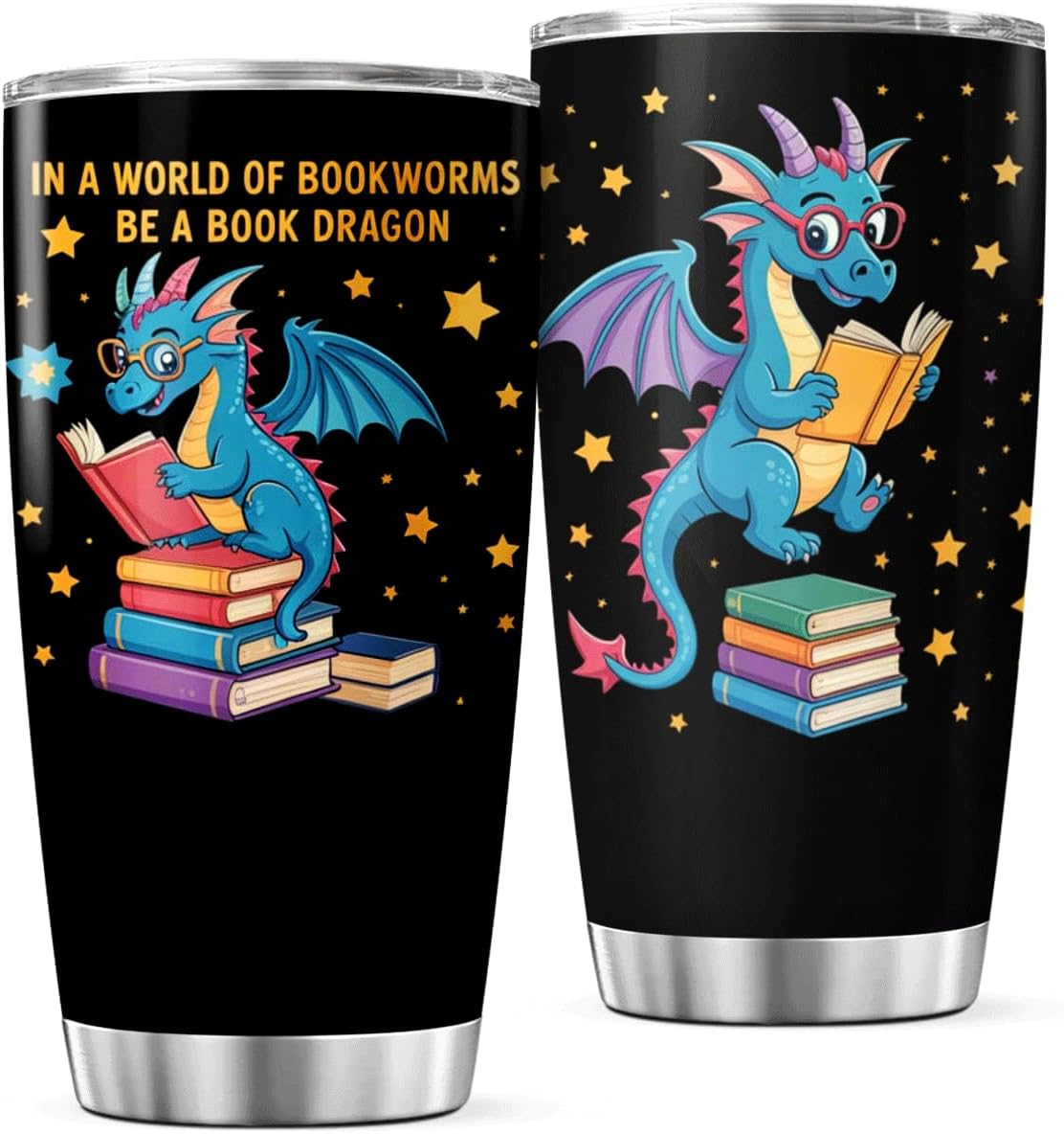 CUBICER Book Dragon Reading Design Stainless Steel 20 Oz Tumbler For Lovers Teachers Students Fantasy Fans Bottle Insulated Hot Cool Coffee Heat Drink Outdoor Travel Iced Mug