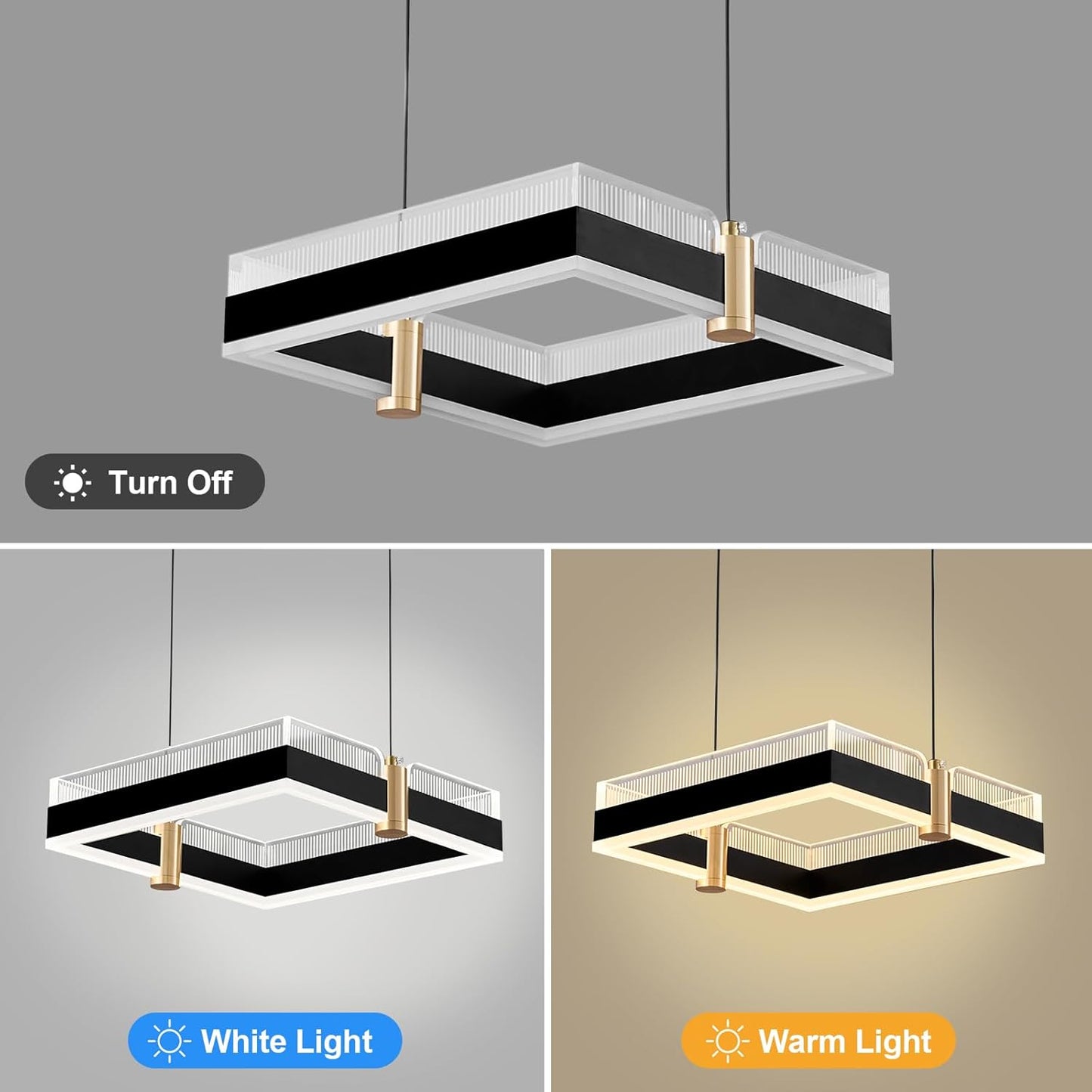 Modern LED Chandelier with Remote Control 1 Ring Dimmable 3 Color Black Gold Adjustable Pendant Light Square Chandelier Dining Light Fixture for Kitchen Bedroom Ceiling Hanging（1-Pack）