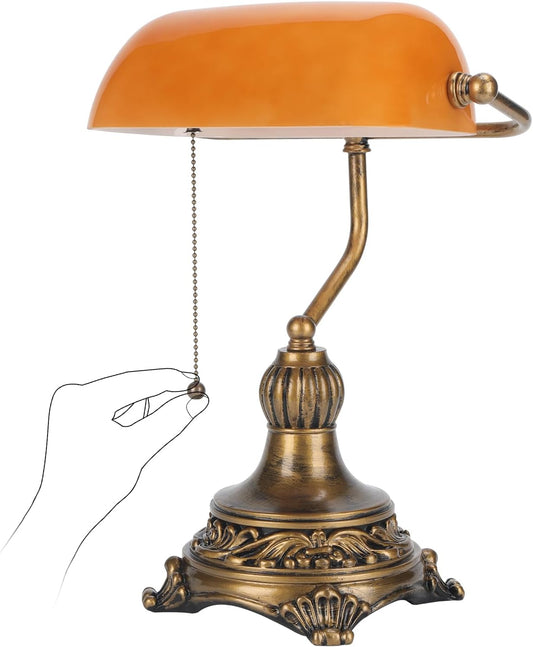 NISSAFORS Bankers Lamp with Pull Switch, Amber Glass Desk Lamp with Retro Black/Gold Finish, Vintage Table Lamps for Living Room, Library, Piano(Amber)