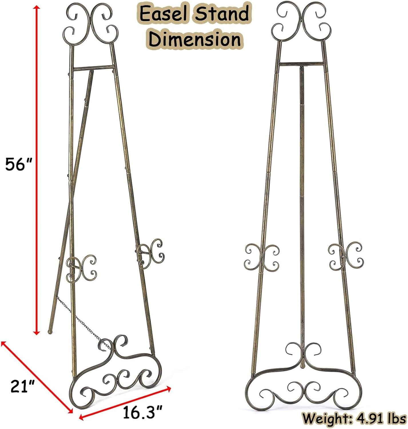 56" H Metal Scroll Extra Large Free Standing Adjustable Display Easel, Vintage Decorative Floor Display Stand Easel with Chain Support for Picture Frame Wedding Sign