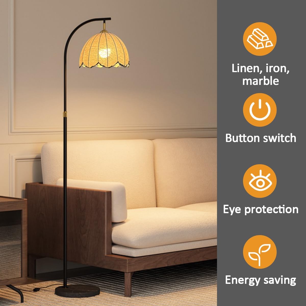 Arc Floor Lamp Adjustable Height Tall Light Sofa Side Standing Reading Lamp 3 Color Temperature LED Vertical Lights with Marble Base Linen Floor Lamps for Tea Room Bedroom