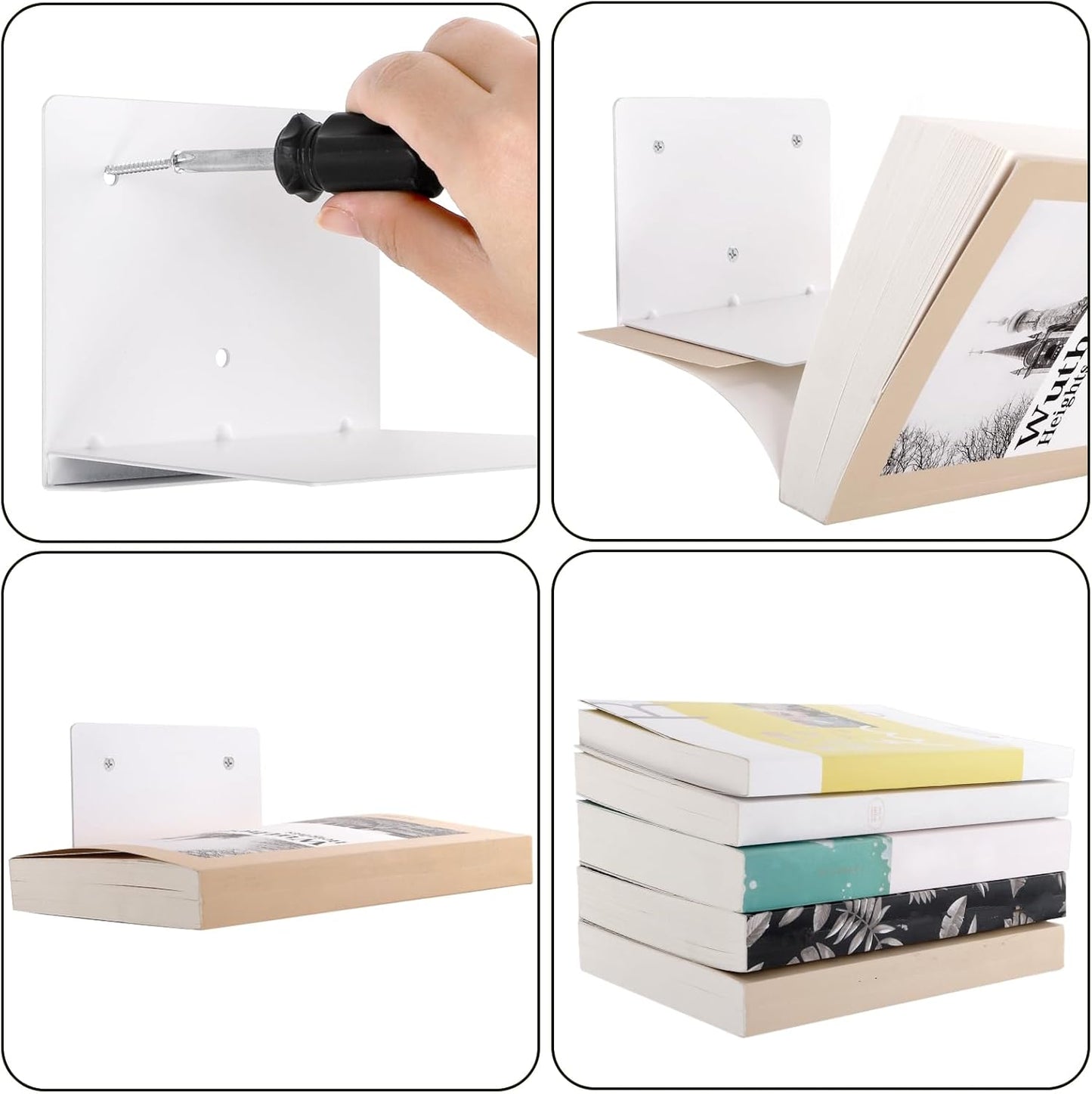 Hiceeden 6 Pack Floating Bookshelves for Wall, Invisible Floating Book Shelf Hidden Bookshelf, Metal Wall Mounted Heavy-Duty Book Holder for Bedroom, Living Room, White