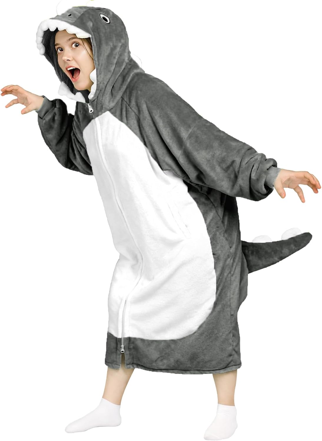Waitu Dinosaur Wearable Blanket Hoodie Funny Halloween Costumes Gifts for Women Men Boys Girls, Zipper Hoodie Blanket Sweatshirt Cozy Unisex Flannel Dinosaur Costume Cute Gifts (Adult, Gray)