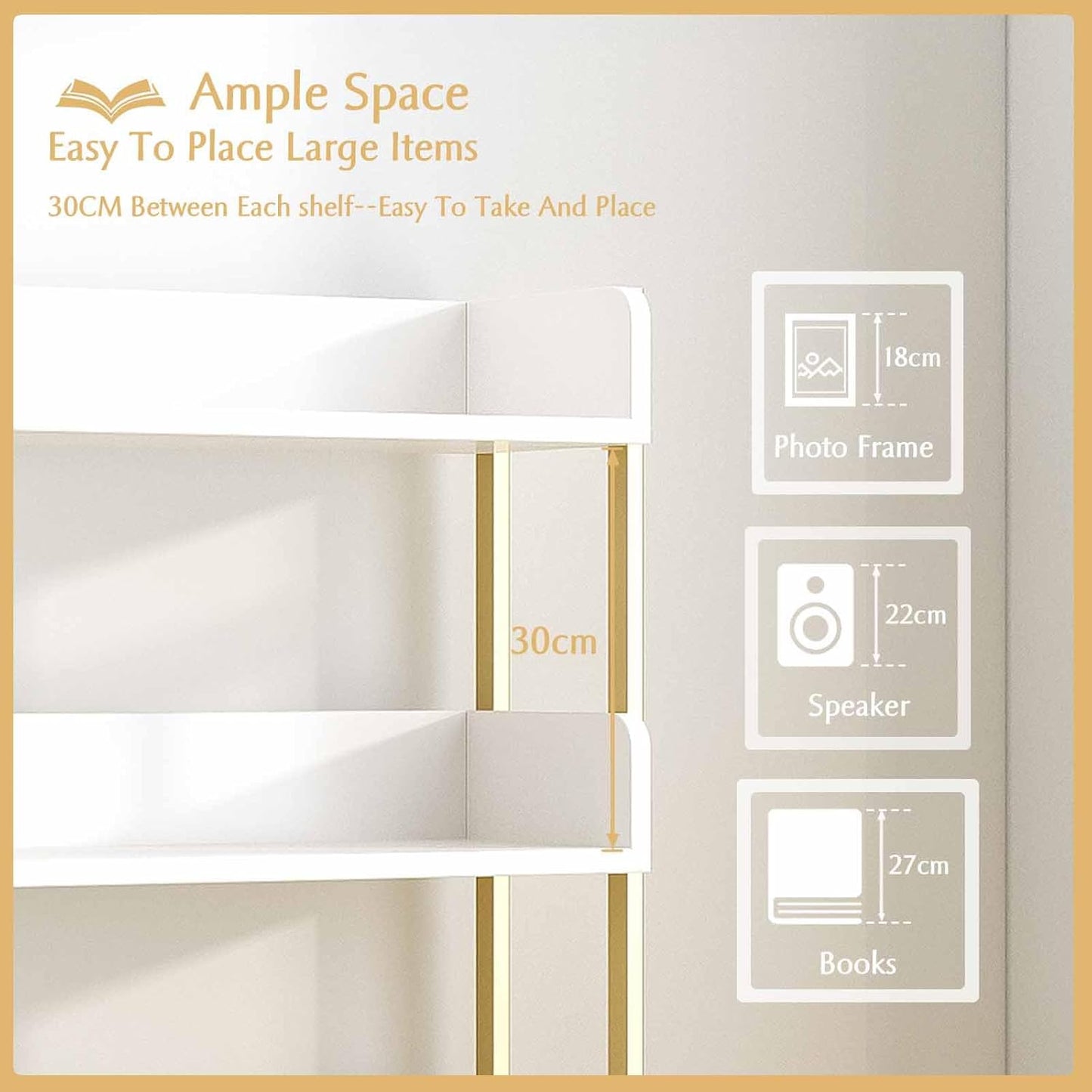 Wide Open Shelf Bookcase - Modern 4-Tier Floor Standing Display Bookshelf with Three-Side Baffles for Home and Office, Storage Shelving in Warm White with Gold Frame