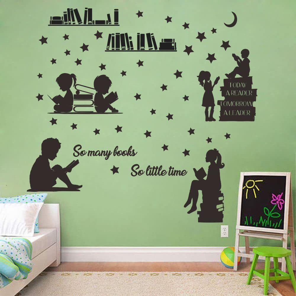 Kids Reading Wall Decal - Today a Reader Tomorrow a Leader Inspirational Quote Sticker - Removable PVC Vinyl for Playroom, Bedroom, Home Library - 31"x34" JWH202 (Black)