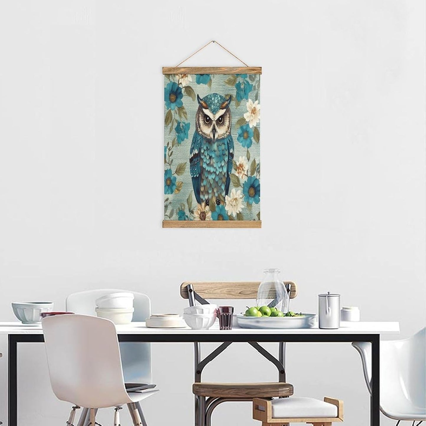 Vintage Owl Spring Flowers Turquoise Poster with Wooden Frame Personalized Linen Hanging Scroll Painting Rustic Wall Hanging Illustrative Modern Artwork Decor for Home Living Room Bedroom Office