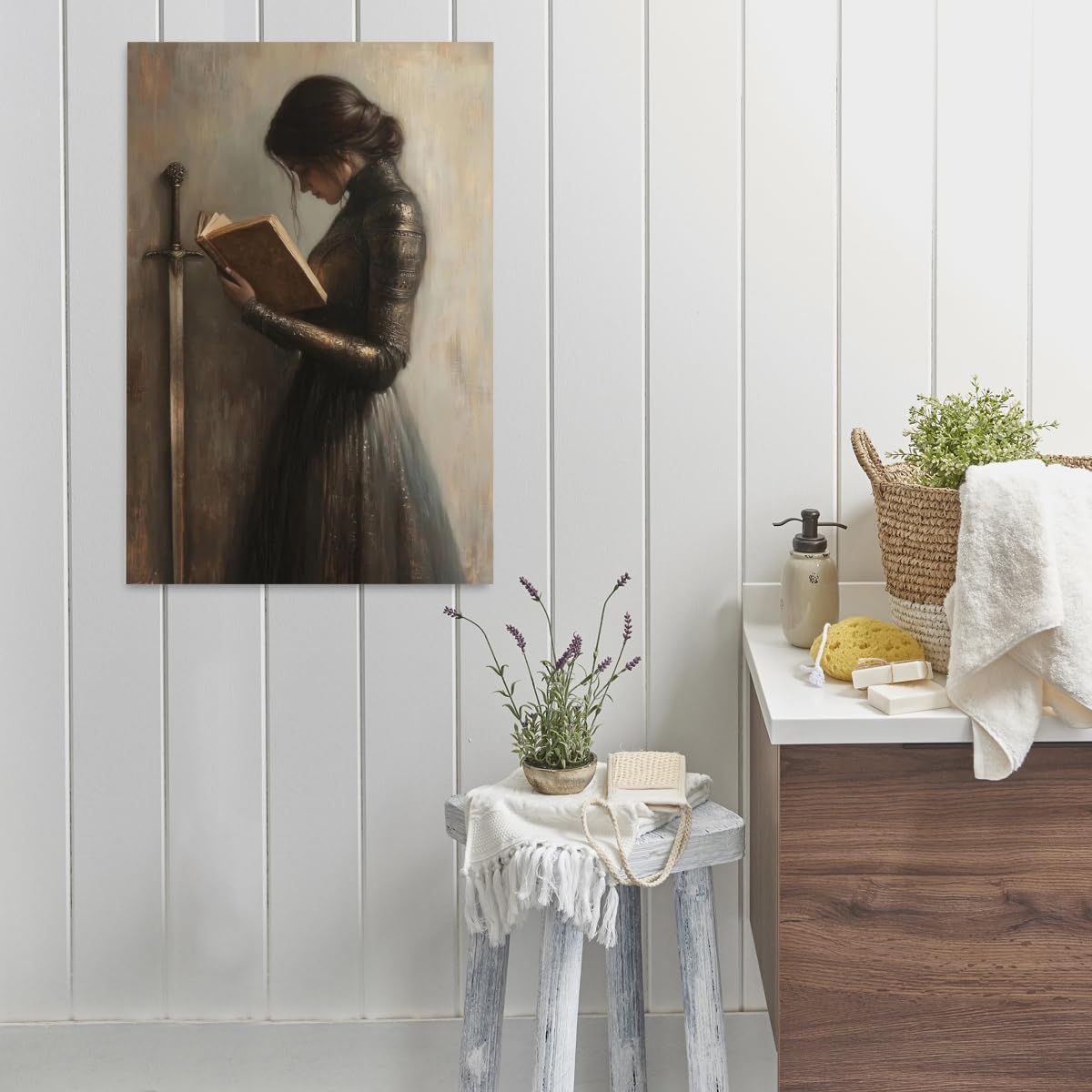 Vintage Victorian Woman Knight Reading a Book Wall Art Print Library reading posters Dark Academia Aesthetic Room Decor Unique Neutral Victorian book wall art bookish decor Framed12x16inch