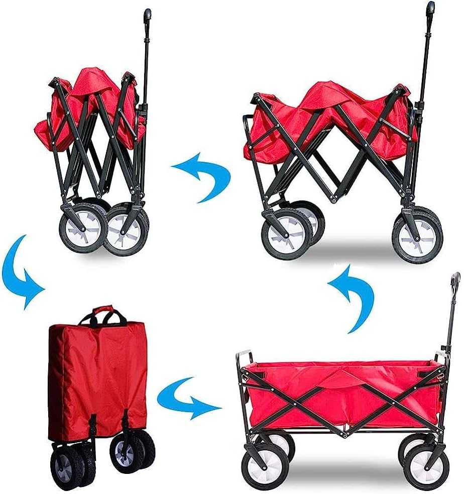 Handcart, Garden Trolley Foldable Cart Heavy Duty Festival Trolley Pull Wagon Truck Transport Cart with Brake Wheels,60 Kg /132 Pounds Capacity/C:Red