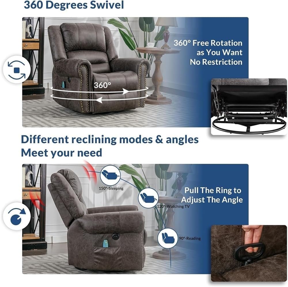 Power Recliner with Heat and Massage – Swivel Rocking Recliner Chair, USB Charging Ports, Side Storage Pockets, Manual Recline Option for Living Room, Home Theater, Office
