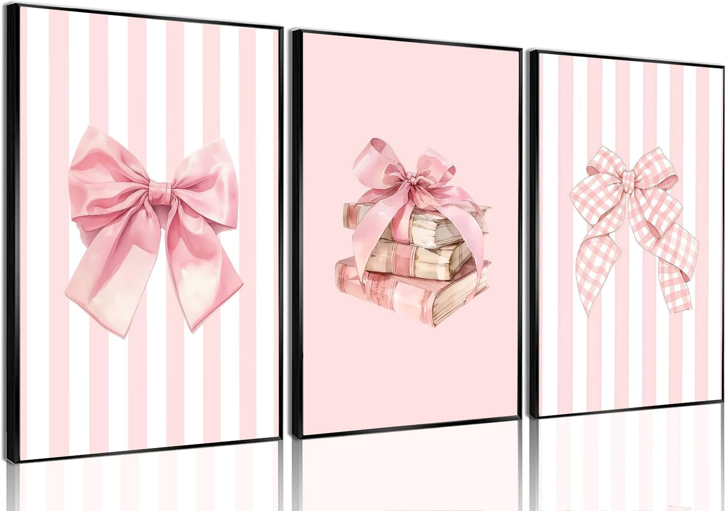 3Pcs Pink Bow Canvas Wall Art Coquette Preppy Reading Poster Print Pink Book Stripes Aesthetic Pictuer Painting for Girl's Room College Dorm Bedroom Living Room Library Wall Deocr （16×24in Unframed）