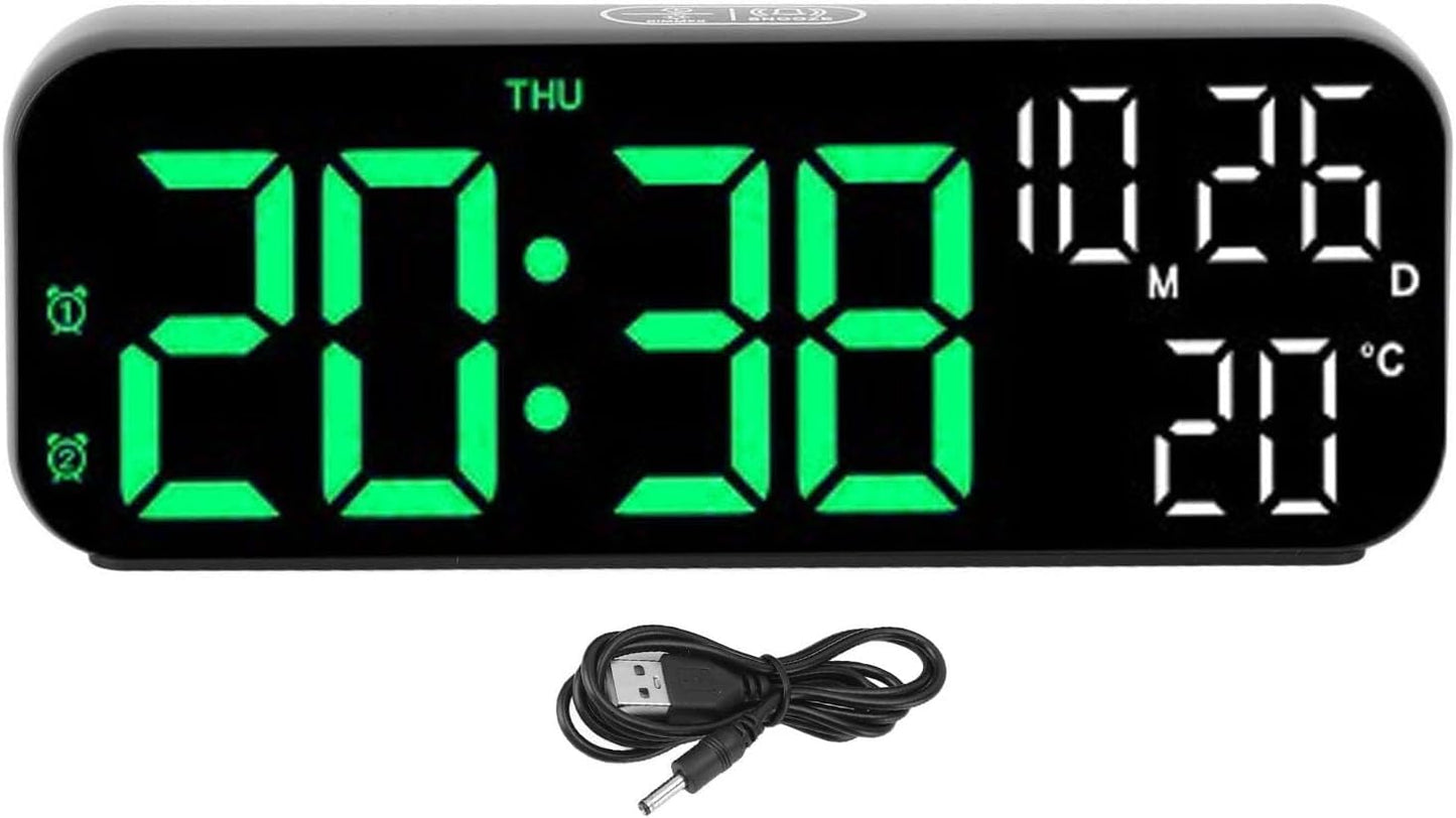 plplaaoo Digital Clock LED Display Voice Control Brightness Adjustable Date Temperature Countdown Timer Alarm Clock for Home Office Bedroom ABS 6.9in (Black Green Lamp)