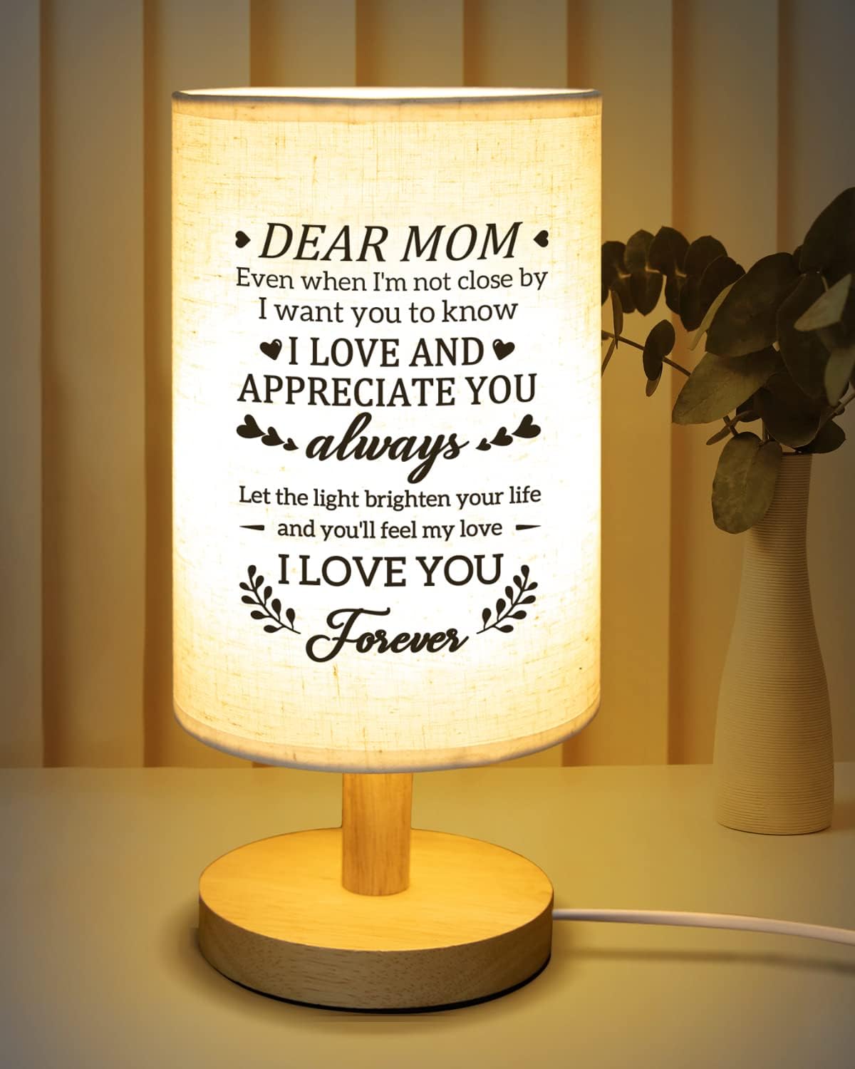 Easter Gifts for Mom from Daughter Son, Moms Birthday Gift Fabric Lamp, Retirement Birthday Gifts for Mother Table Lamp with Wooden Stand, I Love You Mom Gifts