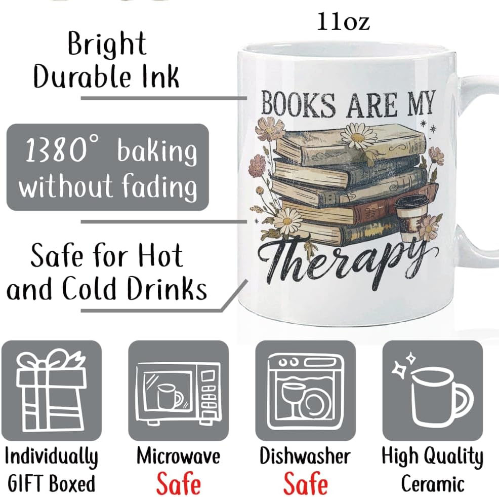 Funny Book Mug Gift for Book Lovers Readers, Books Are My Therapy Novelty Books Gift for Librarian Bookish Bookworm Women 11oz