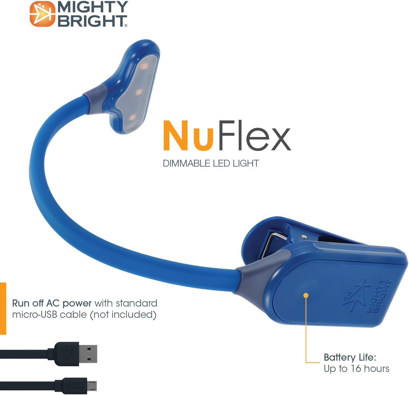 Mighty Bright The Original NuFlex Book Light, Battery-Powered, Warm Eye Care LEDs, Flexible, Durable, Dimmable, Clip-On Reading Light, Read in Bed, Use Batteries or Micro USB (Midnight Blue)