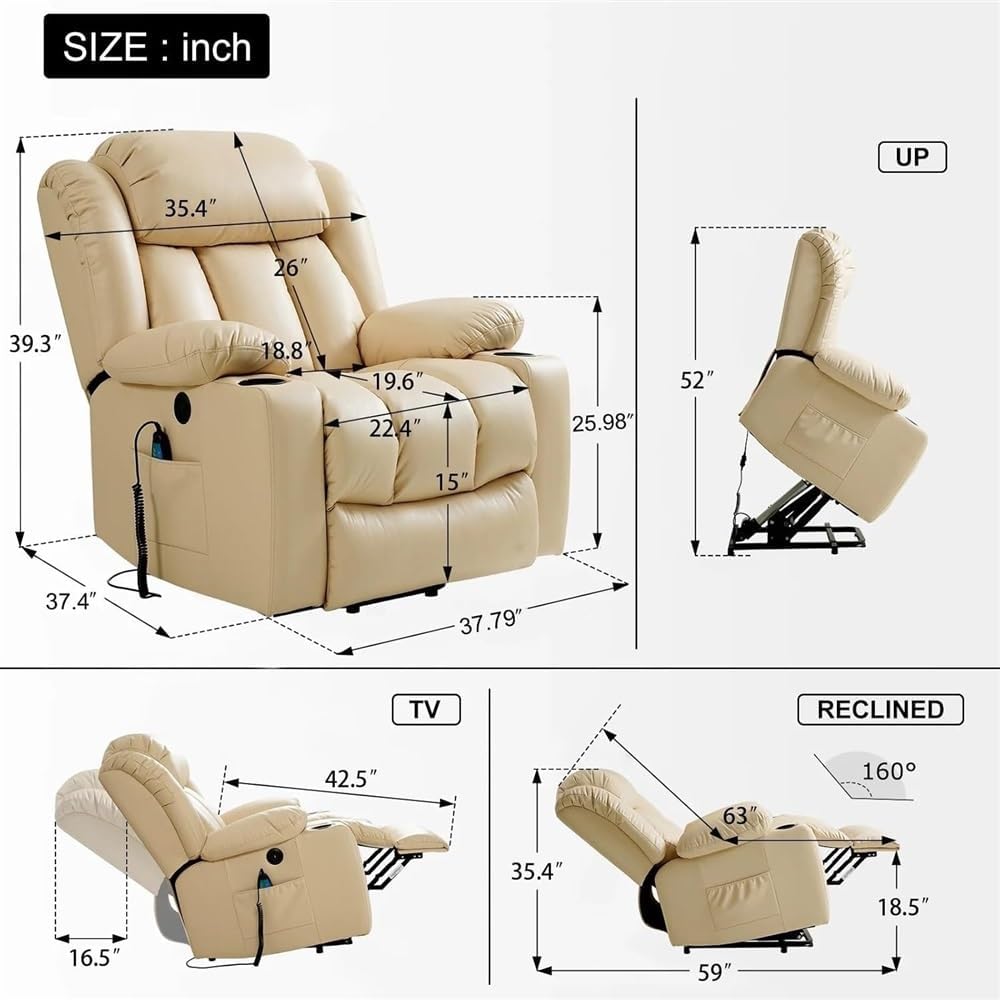 Dual Motor Power Lift Recliner Chair for Elderly with Infinite Position, Massage and Heat, Breathable Leather Electric Reclining Chair, USB Ports & Cup Holders