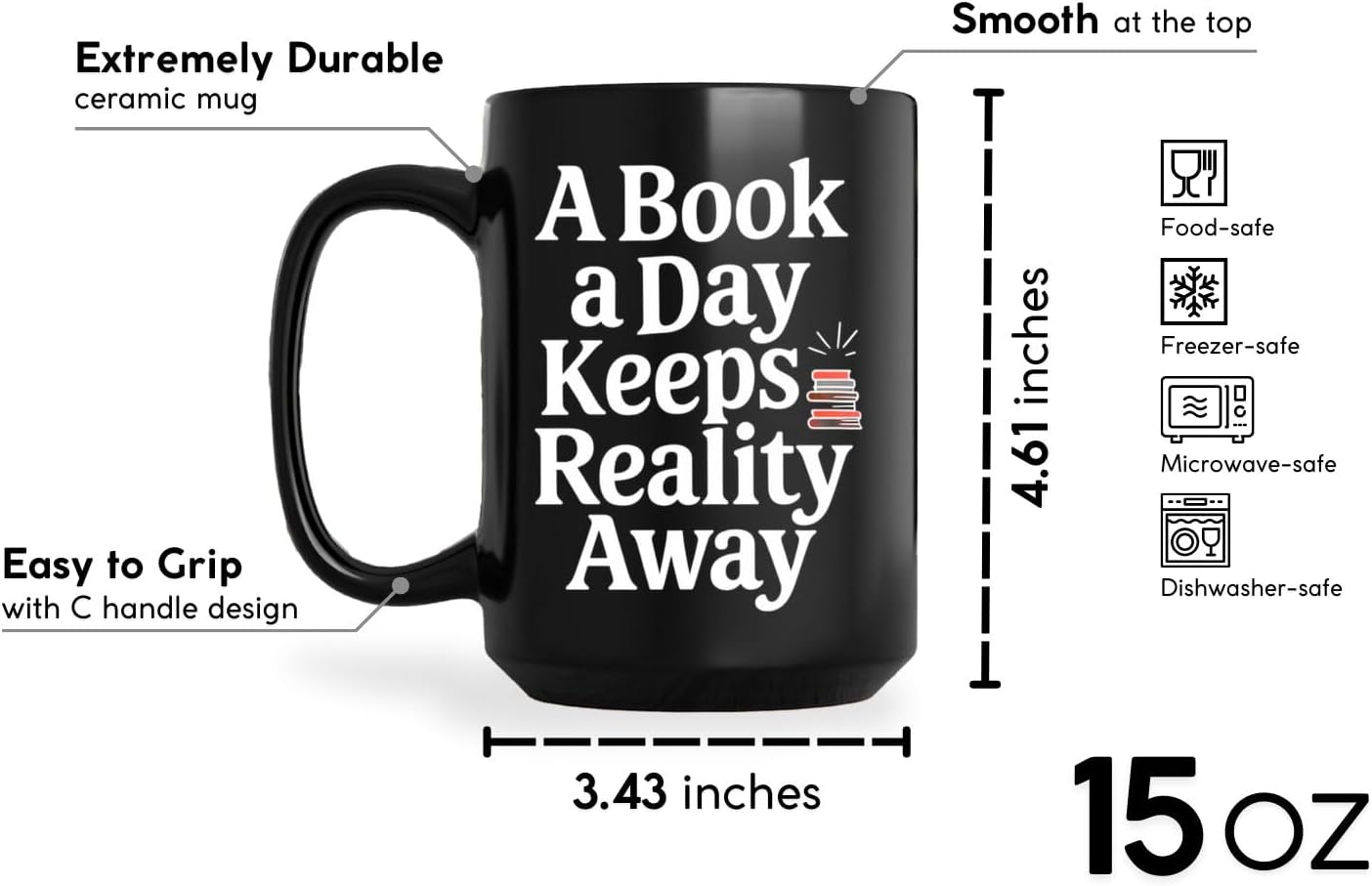 Book Lover Coffee Mug 15oz Black - Book Day - Gift for Bookworm Reader Reading Lover Bookish Women