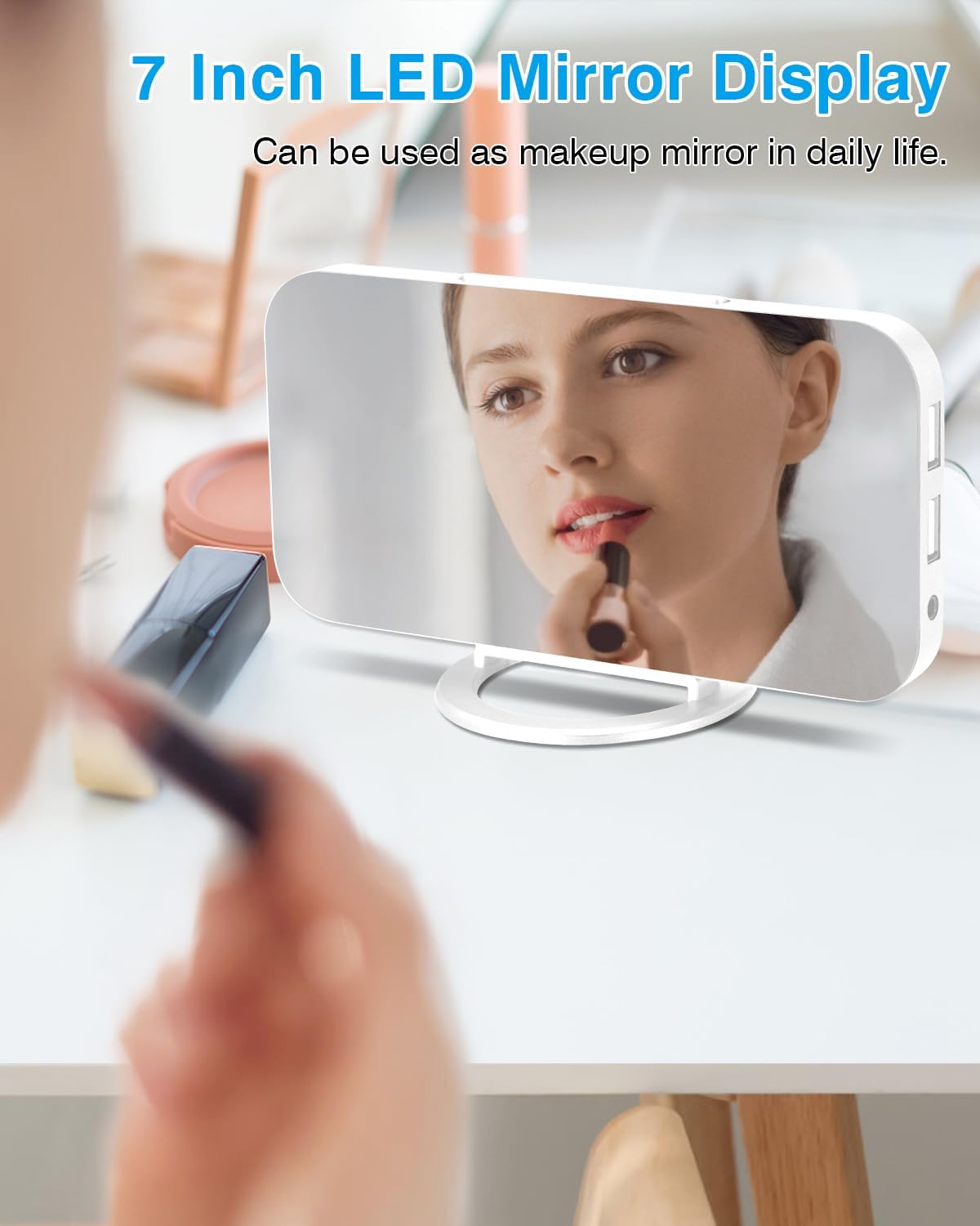 Poeroa Digital Alarm Clock,7" LED Mirror Electronic Clocks,with 2 USB Charging Ports,Snooze Mode,Auto Adjust Brightness,Modern Desk Wall Clocks for Bedrooms Living Room Office - White