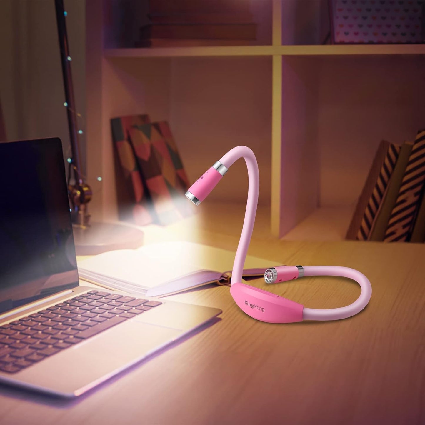 Neck Book Light, LED Reading Lamp, USB-C Rechargeable, Hands Free, 4 LED Bulbs, 4 Adjustable Brightness, for Reading in Bed or Reading in Car Lamp (Pink)