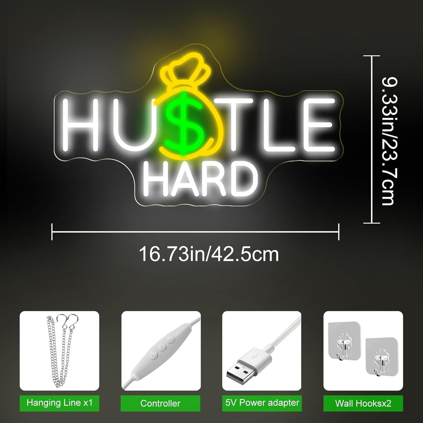 Hustle Hard Neon Sign, Hustle Hard Money Dollar LED Light, Motivational Modern Space Neon Light, Inspirational Quote Decor for Bedroom Party Man Cave Bar Decoration, Restaurant Bar Hotel Shop-16.7"
